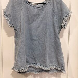 Umgee Light Blue Frayed Short Sleeve Denim Top